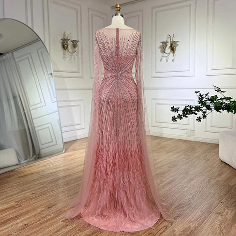 Luxury Lilac Feathers Evening Dresses with Cape Sleeves LA72036