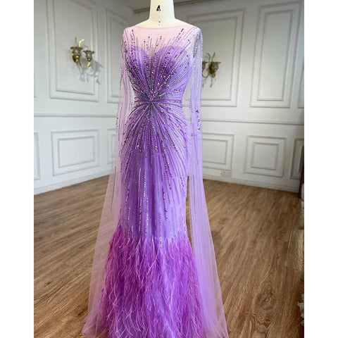 Luxury Lilac Feathers Evening Dresses with Cape Sleeves LA72036