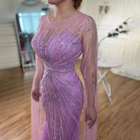 Luxury Lilac Feathers Evening Dresses with Cape Sleeves LA72036