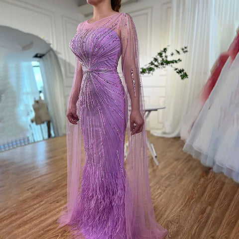 Luxury Lilac Feathers Evening Dresses with Cape Sleeves LA72036