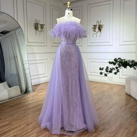 Dubai Luxury Beaded Blue Mermaid Evening Dress Gown with Overskirt LA71634