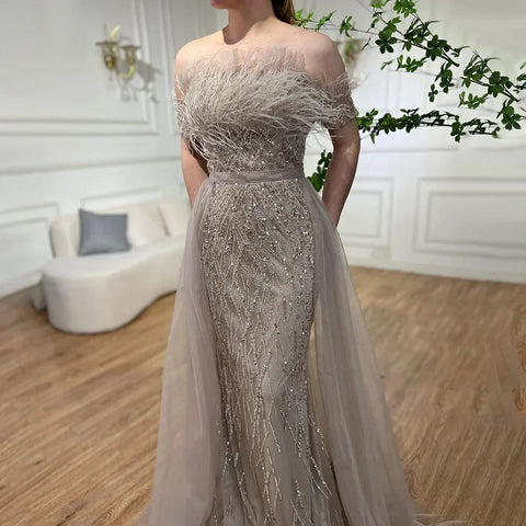 Dubai Luxury Beaded Blue Mermaid Evening Dress Gown with Overskirt LA71634