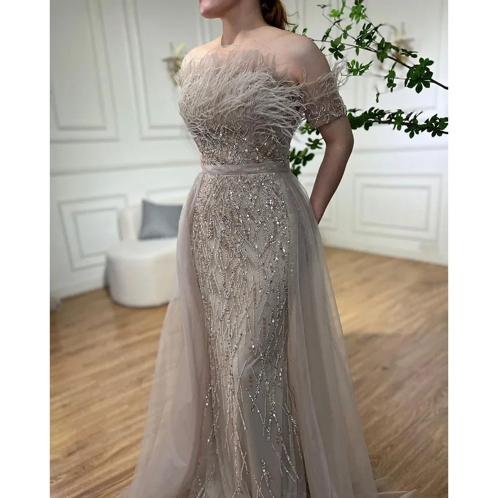 Dubai Luxury Beaded Blue Mermaid Evening Dress Gown with Overskirt LA71634