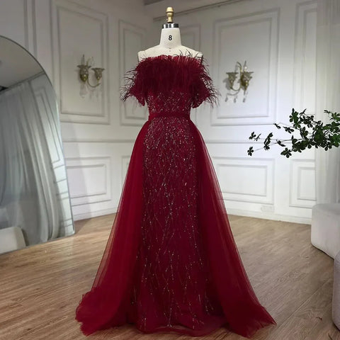 Dubai Luxury Beaded Blue Mermaid Evening Dress Gown with Overskirt LA71634