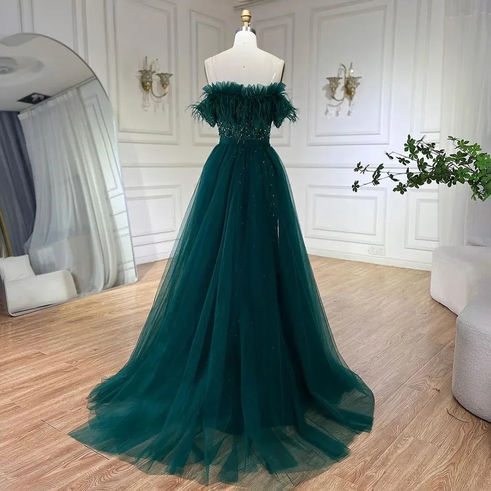 Dubai Luxury Beaded Blue Mermaid Evening Dress Gown with Overskirt LA71634