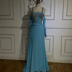 Dubai Luxury Evening Gown 2025 Blue High Split Mermaid Spaghetti Strap Gloves Perfect for Wedding Parties LA72366