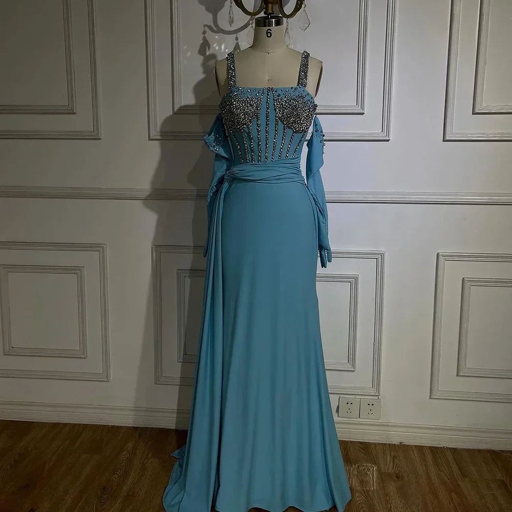 Dubai Luxury Evening Gown 2025 Blue High Split Mermaid Spaghetti Strap Gloves Perfect for Wedding Parties LA72366
