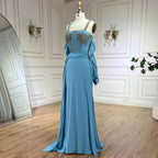 Dubai Luxury Evening Gown 2025 Blue High Split Mermaid Spaghetti Strap Gloves Perfect for Wedding Parties LA72366