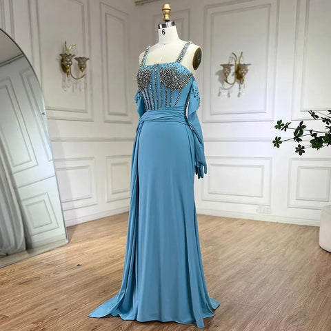 Dubai Luxury Evening Gown 2025 Blue High Split Mermaid Spaghetti Strap Gloves Perfect for Wedding Parties LA72366