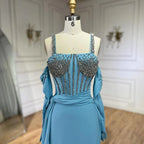 Dubai Luxury Evening Gown 2025 Blue High Split Mermaid Spaghetti Strap Gloves Perfect for Wedding Parties LA72366