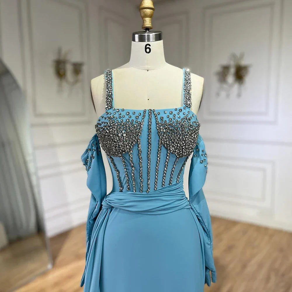 Dubai Luxury Evening Gown 2025 Blue High Split Mermaid Spaghetti Strap Gloves Perfect for Wedding Parties LA72366