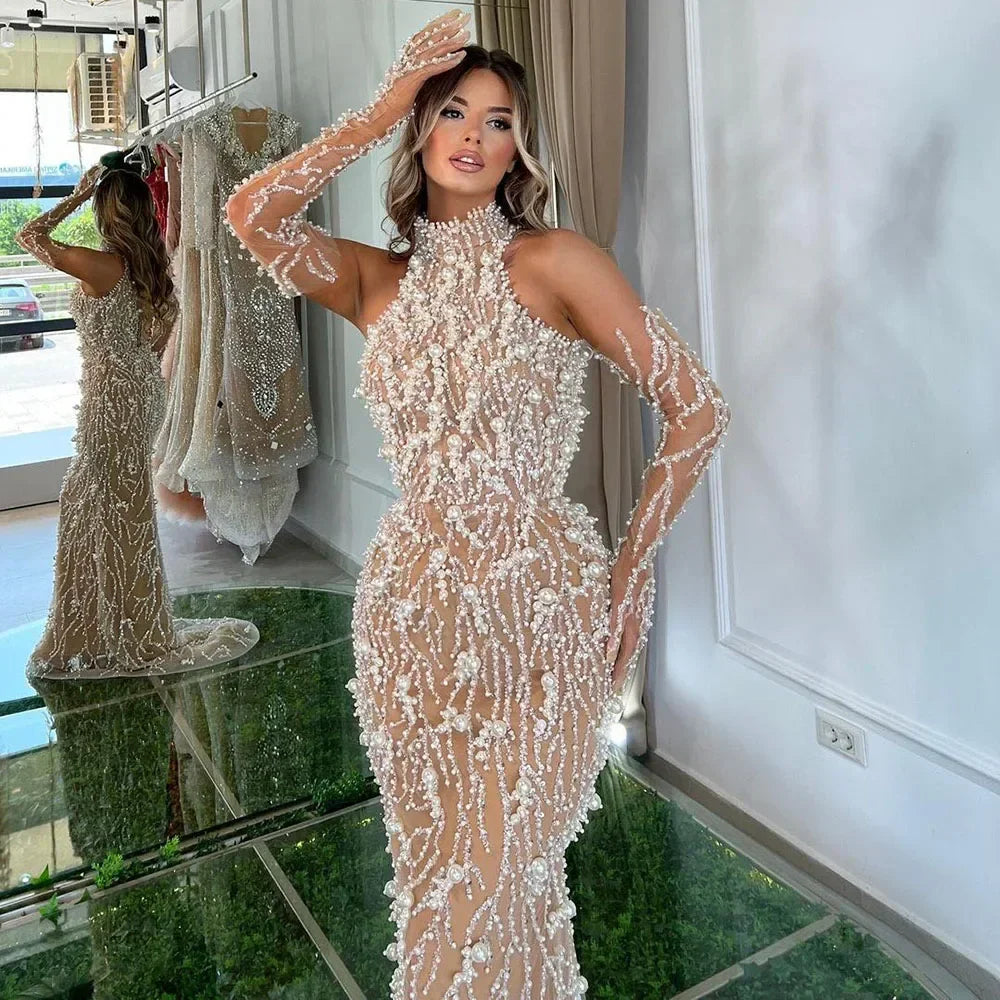 Luxury Beaded Nude Evening Dress with Gloves LA72345