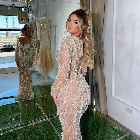 Dubai Luxury Pearls Beaded Nude Elegant Arabic Mermaid Evening Dress for Women - Wedding Party 2025 LA72361