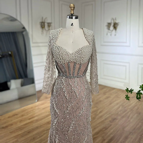 Dubai Luxury Pearls Beaded Nude Elegant Arabic Mermaid Evening Dress for Women - Wedding Party 2025 LA72361