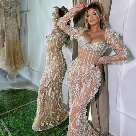 Dubai Luxury Pearls Beaded Nude Elegant Arabic Mermaid Evening Dress for Women - Wedding Party 2025 LA72361