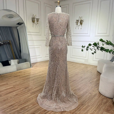 Dubai Luxury Pearls Beaded Nude Elegant Arabic Mermaid Evening Dress for Women - Wedding Party 2025 LA72361