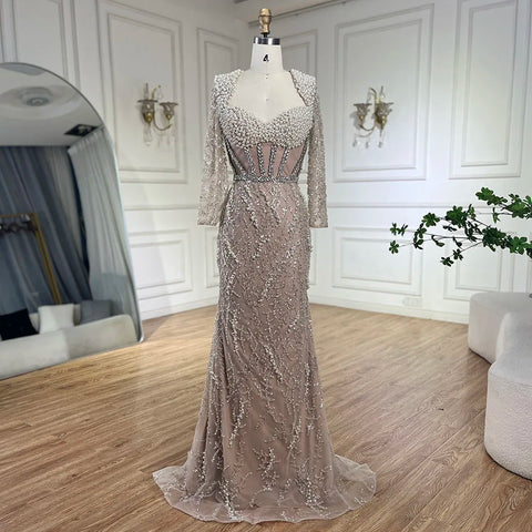 Dubai Luxury Pearls Beaded Nude Elegant Arabic Mermaid Evening Dress for Women - Wedding Party 2025 LA72361