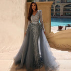 Dubai Mermaid Beaded Luxury Blue Muslim  Evening Dresses Gowns  with Detachable Skirt 2025 For Women Party LA71750