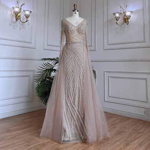 Dubai Mermaid Beaded Luxury Blue Muslim  Evening Dresses Gowns  with Detachable Skirt 2025 For Women Party LA71750