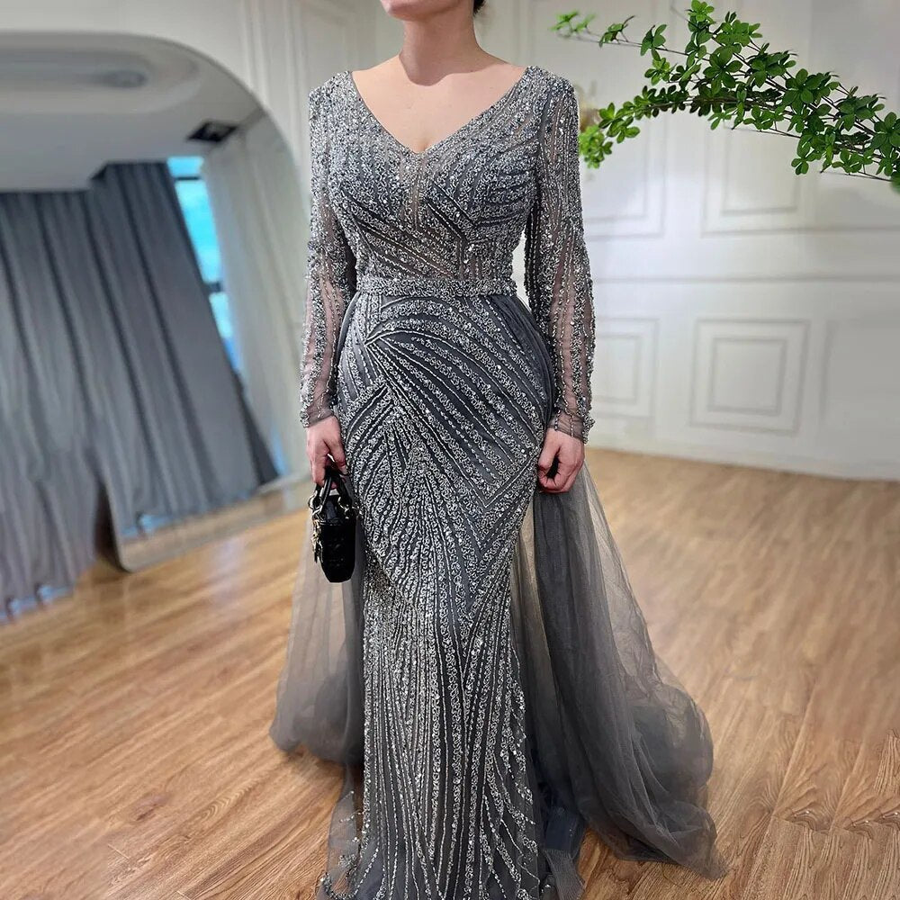 Dubai Mermaid Beaded Luxury Blue Muslim  Evening Dresses Gowns  with Detachable Skirt 2025 For Women Party LA71750