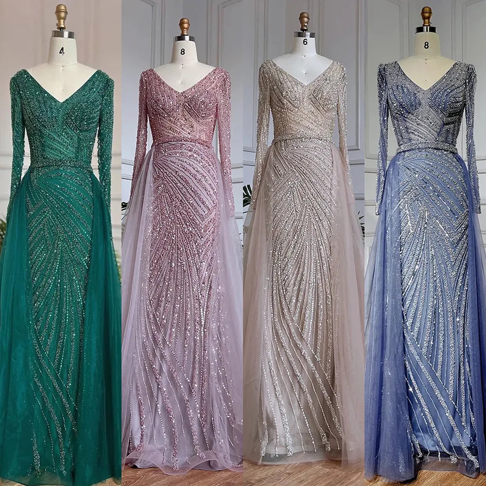 Dubai Mermaid Beaded Luxury Blue Muslim  Evening Dresses Gowns  with Detachable Skirt 2025 For Women Party LA71750