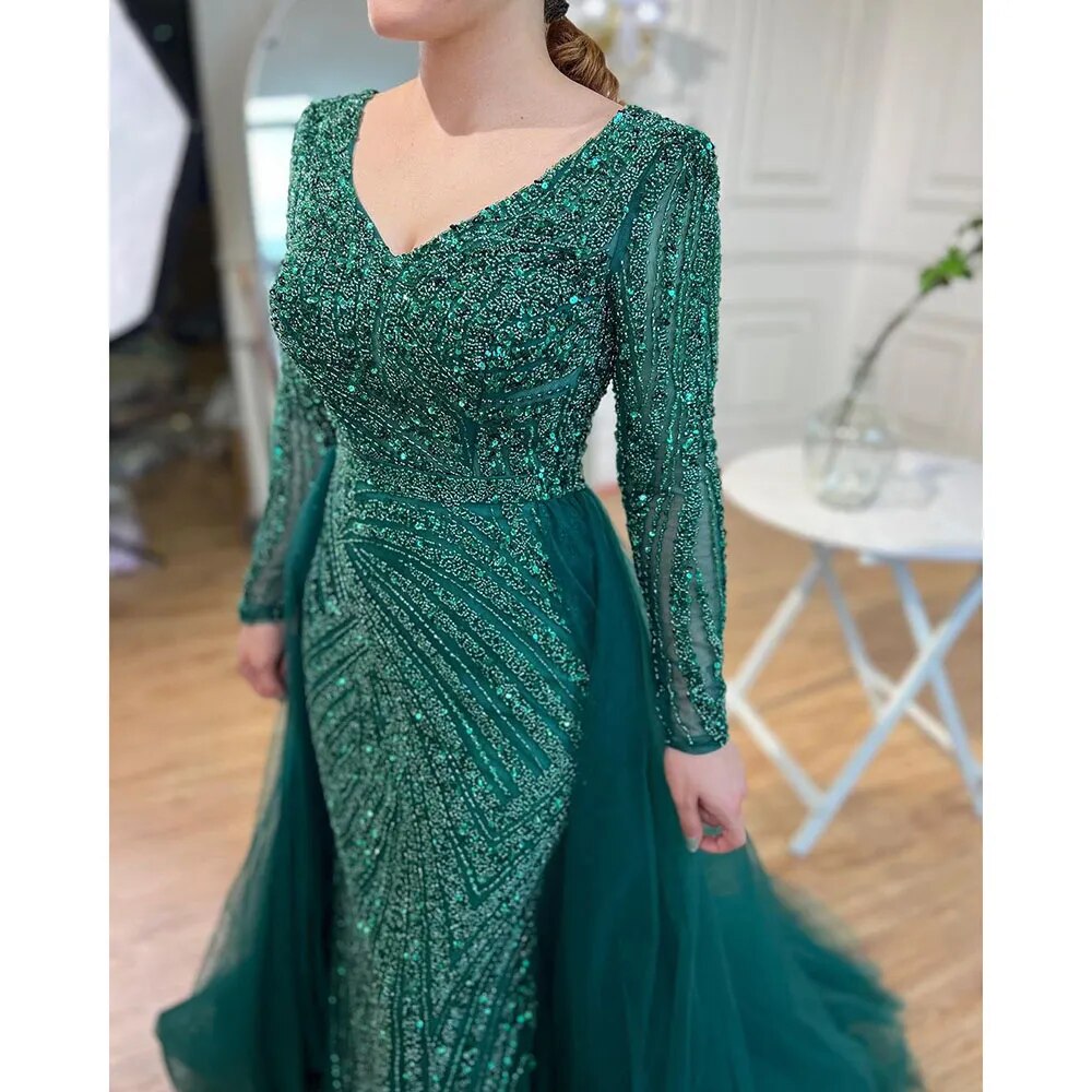 Dubai Mermaid Beaded Luxury Blue Muslim  Evening Dresses Gowns  with Detachable Skirt 2025 For Women Party LA71750