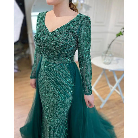 Dubai Mermaid Beaded Luxury Blue Muslim  Evening Dresses Gowns  with Detachable Skirt 2025 For Women Party LA71750