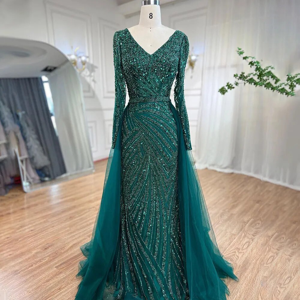 Dubai Mermaid Beaded Luxury Blue Muslim  Evening Dresses Gowns  with Detachable Skirt 2025 For Women Party LA71750