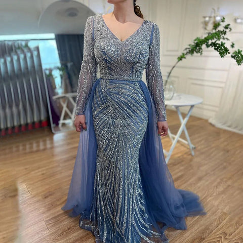 Dubai Mermaid Beaded Luxury Blue Muslim  Evening Dresses Gowns  with Detachable Skirt 2025 For Women Party LA71750