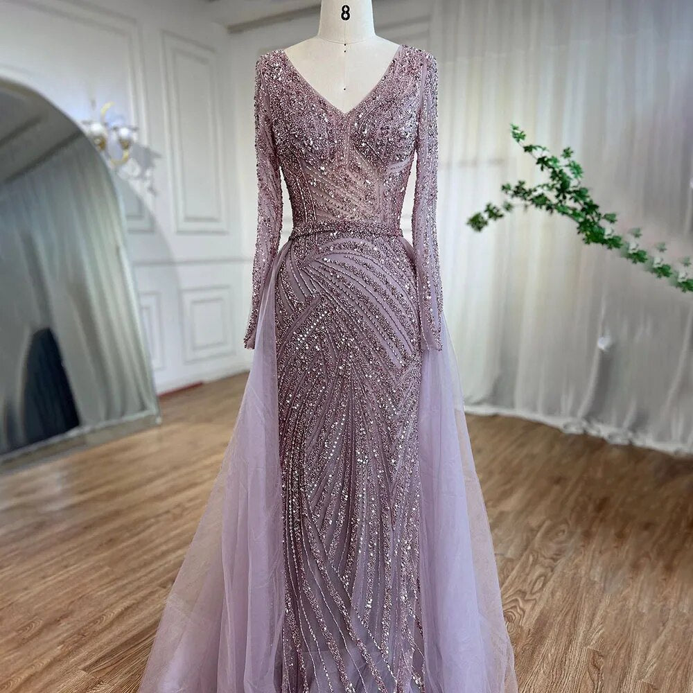Dubai Mermaid Beaded Luxury Blue Muslim  Evening Dresses Gowns  with Detachable Skirt 2025 For Women Party LA71750