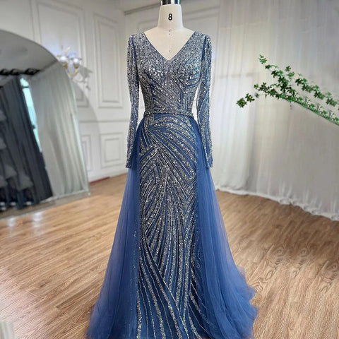 Dubai Mermaid Beaded Luxury Blue Muslim  Evening Dresses Gowns  with Detachable Skirt 2025 For Women Party LA71750