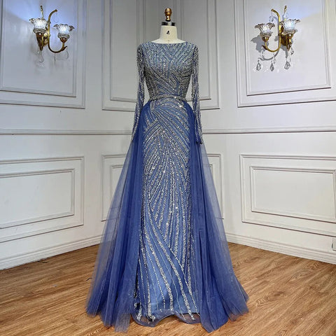 Dubai Mermaid Beaded Luxury Blue Muslim  Evening Dresses Gowns  with Detachable Skirt 2025 For Women Party LA71750