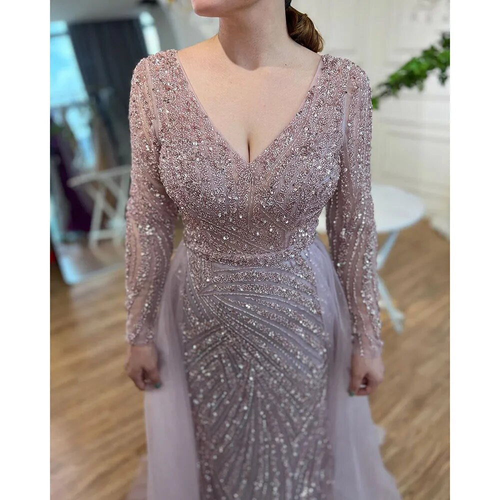 Dubai Mermaid Beaded Luxury Blue Muslim  Evening Dresses Gowns  with Detachable Skirt 2025 For Women Party LA71750