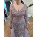 Dubai Mermaid Beaded Luxury Blue Muslim  Evening Dresses Gowns  with Detachable Skirt 2025 For Women Party LA71750