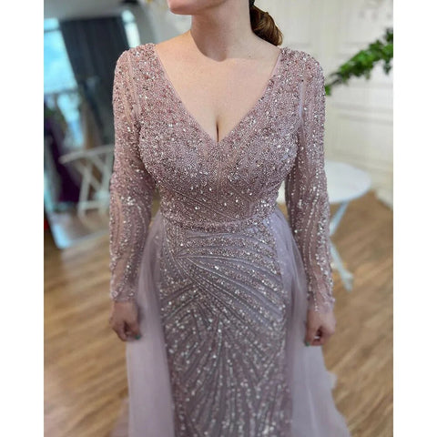 Dubai Mermaid Beaded Luxury Blue Muslim  Evening Dresses Gowns  with Detachable Skirt 2025 For Women Party LA71750