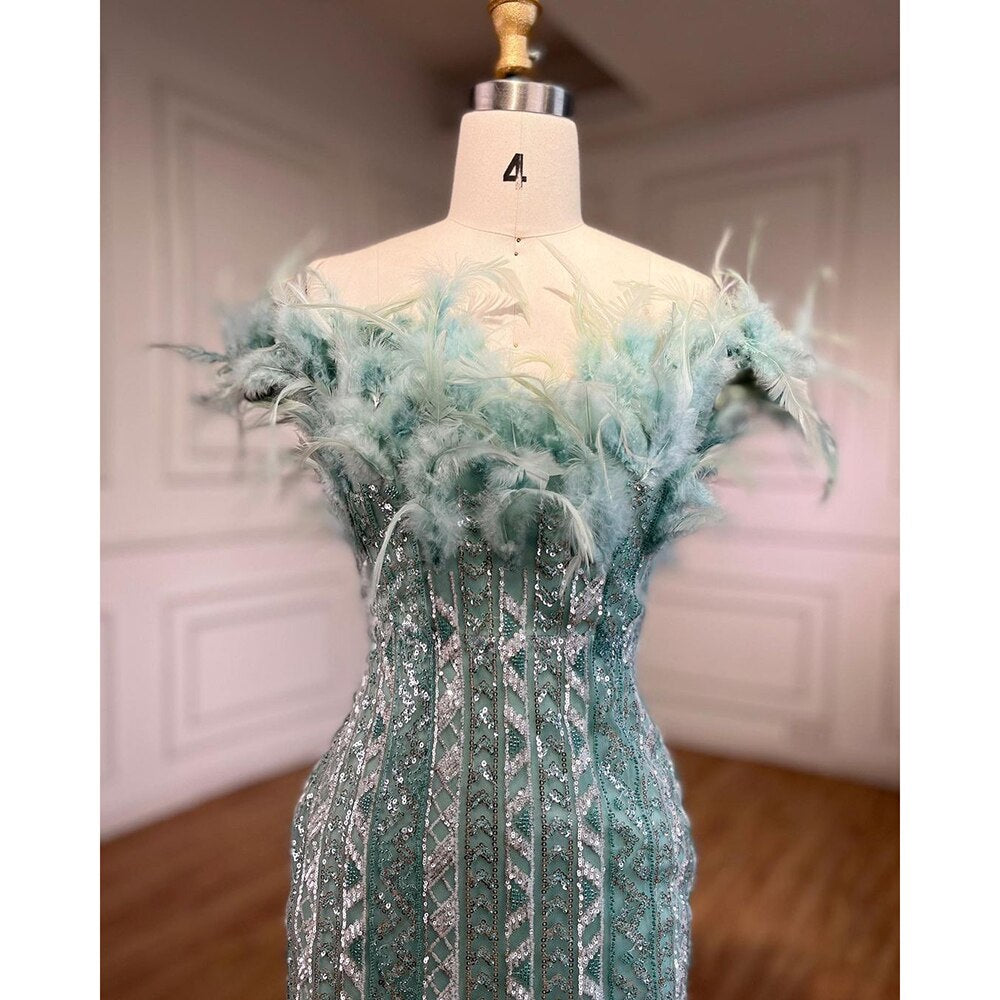 Dubai Mint Luxury Crystal Feathers  Sexy Mermaid Evening Dresses Formal Gowns  For Woman Wedding Party 2025 LA72095
