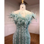 Dubai Mint Luxury Crystal Feathers  Sexy Mermaid Evening Dresses Formal Gowns  For Woman Wedding Party 2025 LA72095