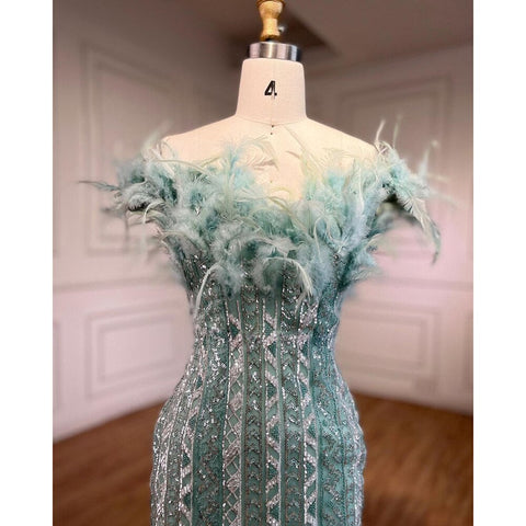 Dubai Mint Luxury Crystal Feathers  Sexy Mermaid Evening Dresses Formal Gowns  For Woman Wedding Party 2025 LA72095
