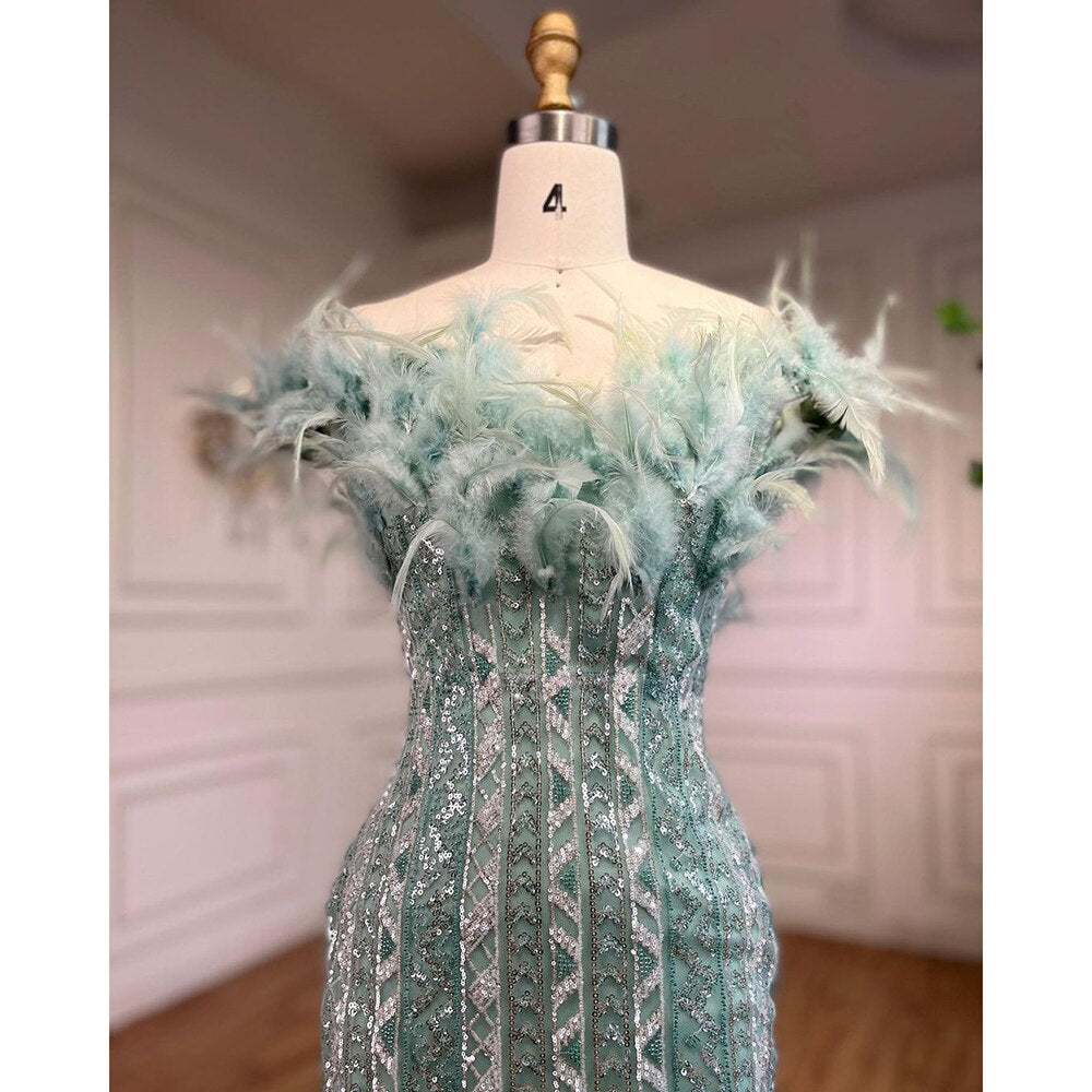 Dubai Mint Luxury Crystal Feathers  Sexy Mermaid Evening Dresses Formal Gowns  For Woman Wedding Party 2025 LA72095