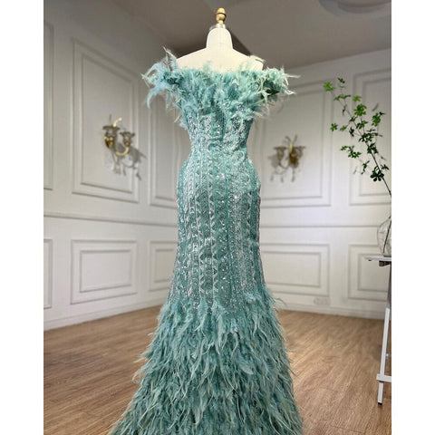 Dubai Mint Luxury Crystal Feathers  Sexy Mermaid Evening Dresses Formal Gowns  For Woman Wedding Party 2025 LA72095