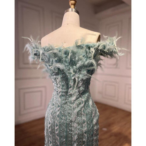 Dubai Mint Luxury Crystal Feathers  Sexy Mermaid Evening Dresses Formal Gowns  For Woman Wedding Party 2025 LA72095