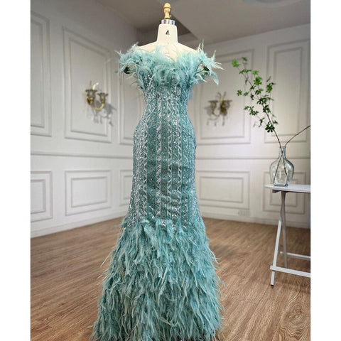 Dubai Mint Luxury Crystal Feathers  Sexy Mermaid Evening Dresses Formal Gowns  For Woman Wedding Party 2025 LA72095
