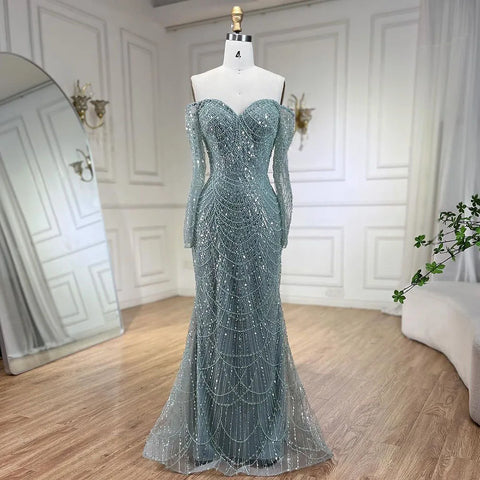 Elegante vestido de noche de lujo estilo sirena con hombros descubiertos, ideal para fiestas en Dubái (LA72243)