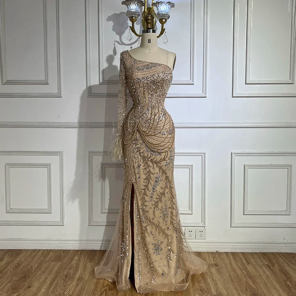 Dubai Nude One Shoulder Luxury Beaded Feathers Split Mermaid Evening Dresses Gowns for Women Party Gown LA72353