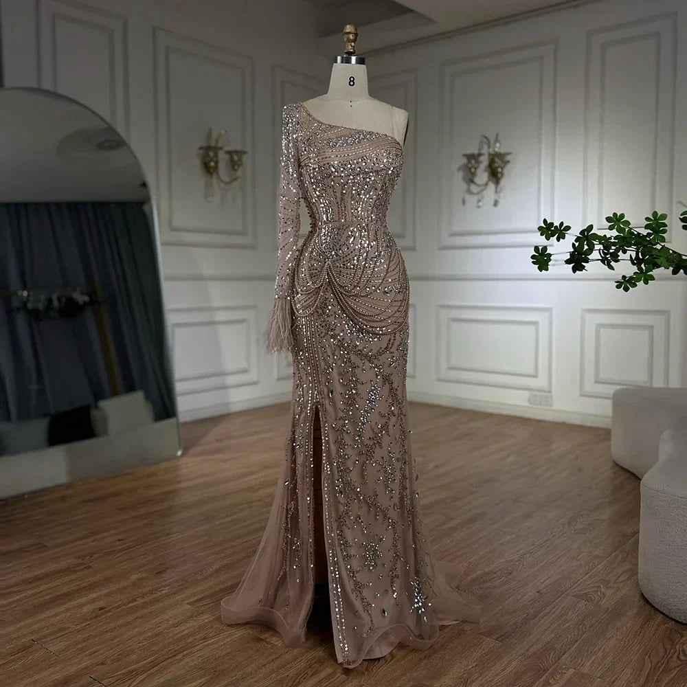 Dubai Nude One Shoulder Luxury Beaded Feathers Split Mermaid Evening Dresses Gowns for Women Party Gown LA72353