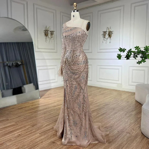 Dubai Nude One Shoulder Luxury Beaded Feathers Split Mermaid Evening Dresses Gowns for Women Party Gown LA72353