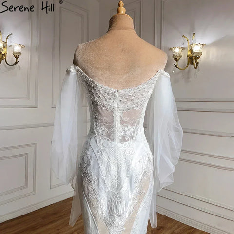 Dubai Off Shoulder Lantern Sleeves Wedding Dresses 2025 Crystal Lace Mermaid Elegant Bridal Gowns Custom Made HA2402