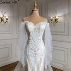Dubai Off Shoulder Lantern Sleeves Wedding Dresses 2025 Crystal Lace Mermaid Elegant Bridal Gowns Custom Made HA2402