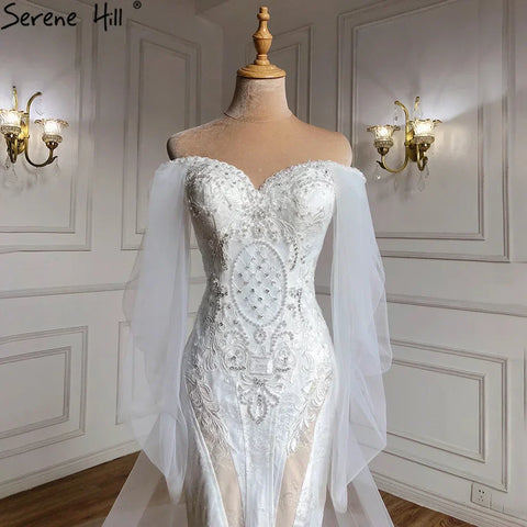 Dubai Off Shoulder Lantern Sleeves Wedding Dresses 2025 Crystal Lace Mermaid Elegant Bridal Gowns Custom Made HA2402