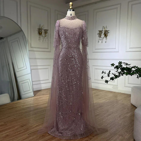 Dubai Pink Cape Sleeves Mermaid Beaded Luxury Long Arabic Evening Dresses Gowns for Woman Wedding Party LA71992A